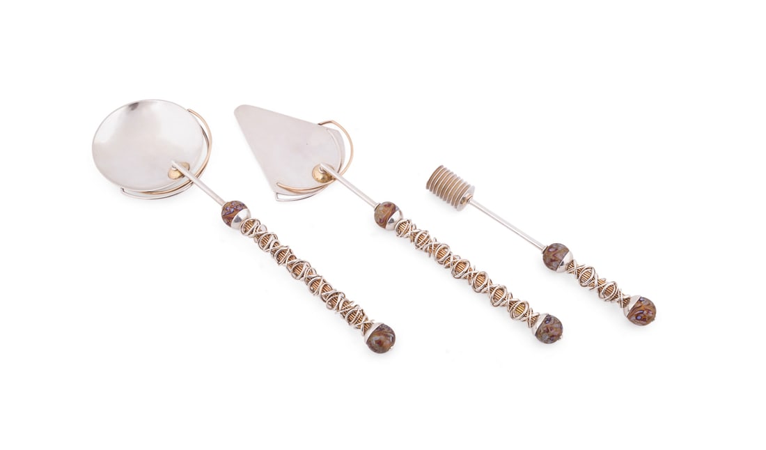 Three Modern Silver & Art Glass Serving Utensils: Three Modern Silver & Art Glass Serving Utensils Likely American and/or Italian, late 20th Century Each having blown Studio glass spheres, and tested sterling silver implements and sterling silver