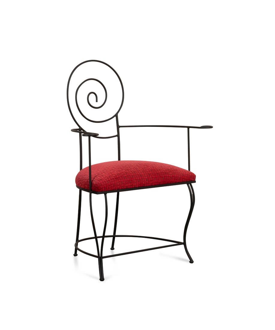 Postmodern Sculptural Spiral Back Armchair: Postmodern Sculptural Spiral Back Iron Armchair Late 20th century Apparently unmarked. Featuring a metal frame and upholstered seat cushion, this sculptural armchair take its inspiration from Art Nouv