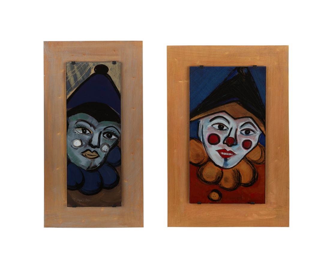 Kate Dwyer, Two Reverse Painted Clowns on Glass, 1997: Kate Dwyer American, born 1948 "Sweetie" & "Jester" - 1997 Reverse-painted glass mounted to distressed metal sheet Both signed in reverse on LL of glass. Note: Includes copy of receipt from Galerie
