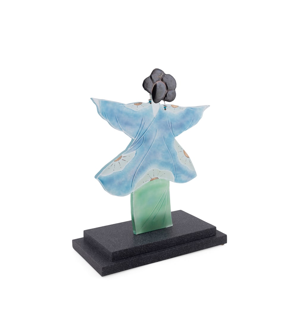 Kathleen Eggert, "Sakura Dancing", 1995, Glass: Kathleen Eggert American, 20th/21st century "Sakura Dancing" - 1995 Glass and metal Acid etched signature and date to underside, on tiered stone base. Note: This Lot is accompanied by a 1995 receipt f