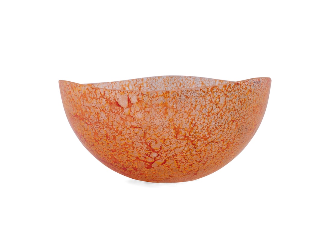 Kjell Engmann, Dino Bowl, Kosta Boda, Sweden 2001: Kjell Engmann Swedish, born 1946 Dino Bowl - 2001 Glass Apparently unsigned. Irregular bowl form features orange and yellow asymmetric pattern. Created by Kosta Boda, Sweden. Note: Includes original r
