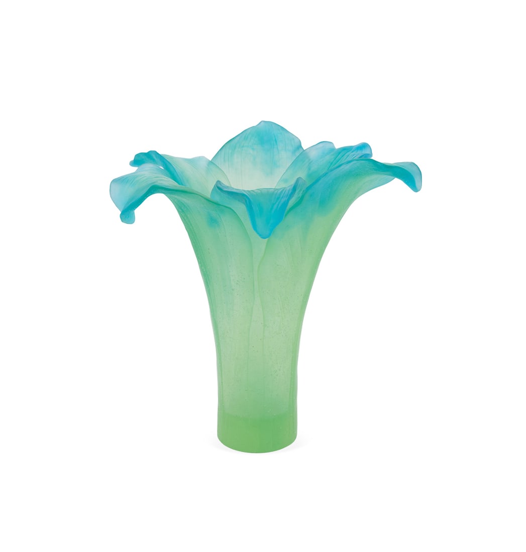 Daum, "Amaryllis" Pate de Verre Blue Green Vase: "Amaryllis" Blue to Green Pate de Verre Vase Daum (French, founded 1878), contemporary. Acid etched mark "Daum / France" to underside. 13 1/2 x 13 x 12 1/4 in. (34.3 x 33 x 31.1 cm.) Provenance: Priva