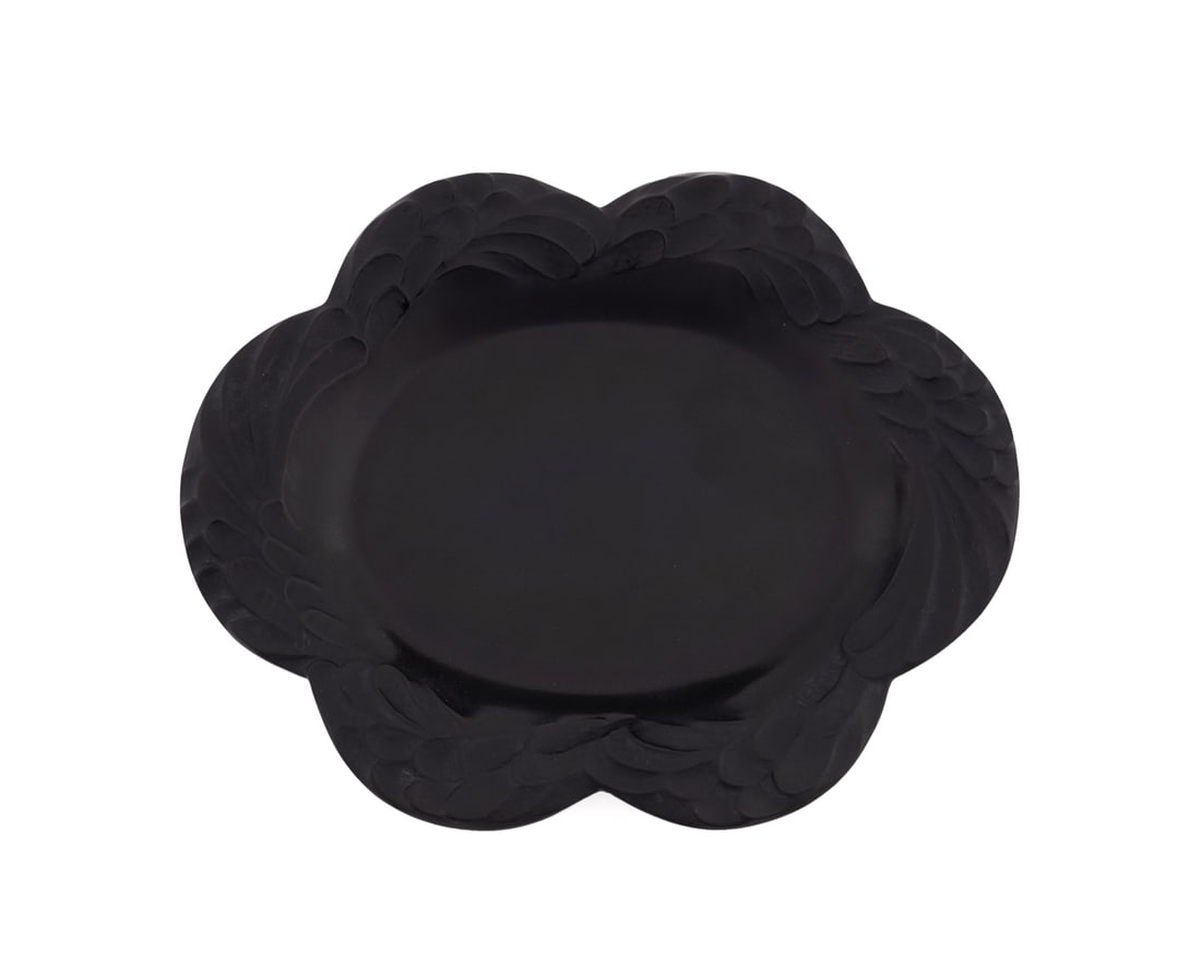 Lalique "Laure" Black Crystal Platter: Lalique "Laure" Black Crystal Platter Marie-Claude Lalique (designed while CEO) French, 1935-2003) for Lalique (French, founded 1888), circa 1980. Frosted black crystal "Laure" oval feather pattern pl