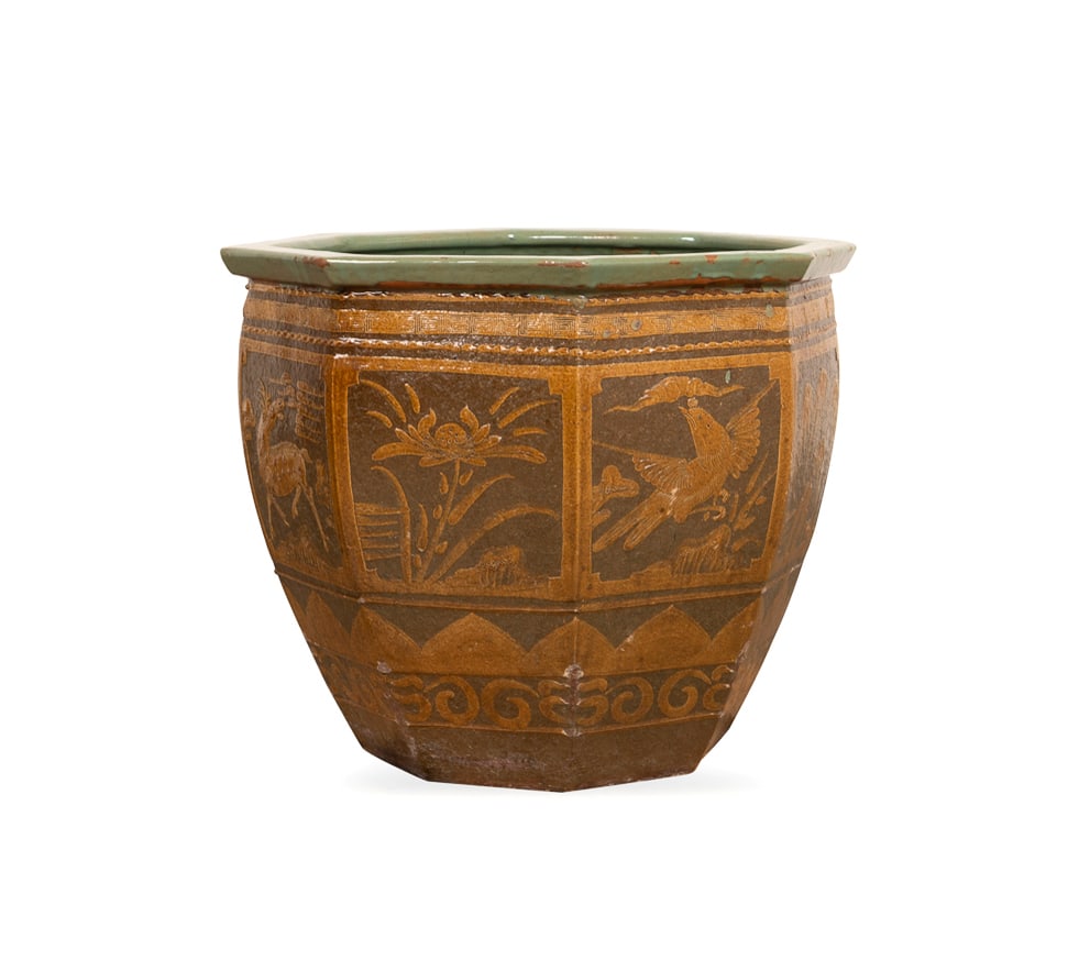 Chinese Martaban Hexagonal Planter, 19th/20th C.: Chinese Martaban Hexagonal Planter or Jardiniere late 19th / early 20th century A dark brown and beige glazed terracotta planter with turquoise glazed interior decorated with birds and trees,