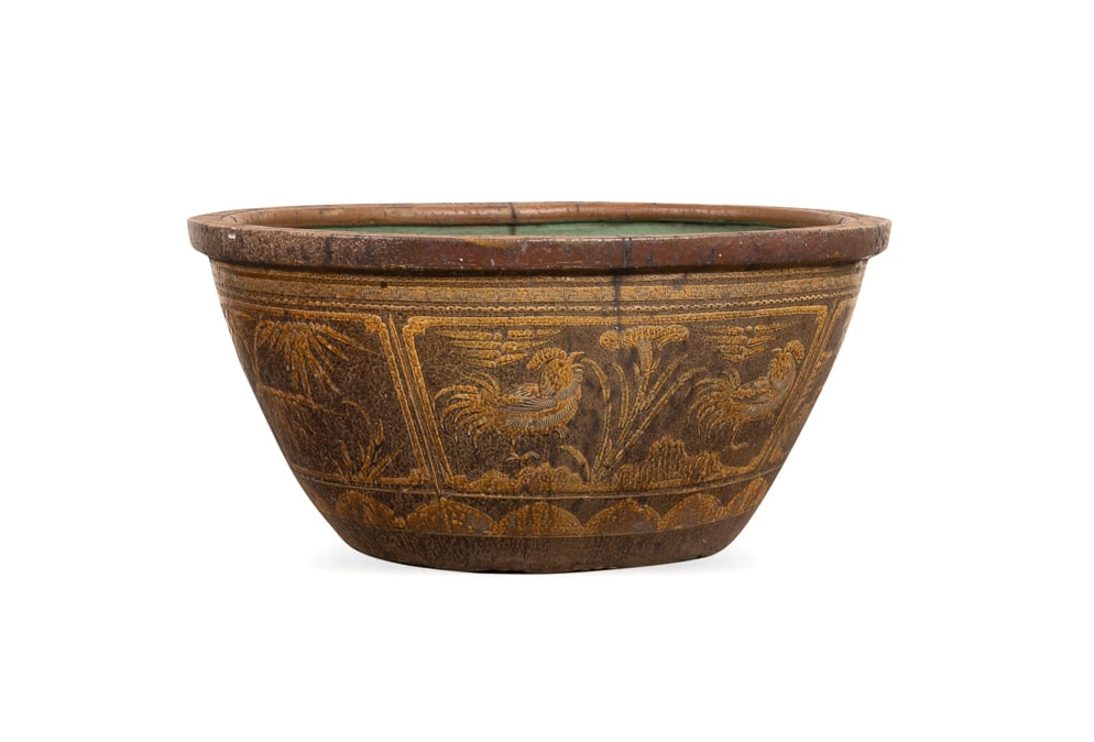 Chinese Martaban Stoneware Oval Basin: Chinese Martaban Stoneware Oval Basin or Jardiniere Late 20th century A dark brown and beige glazed terracotta oval urn or planter originally used for water storage, fish tank or bathing and