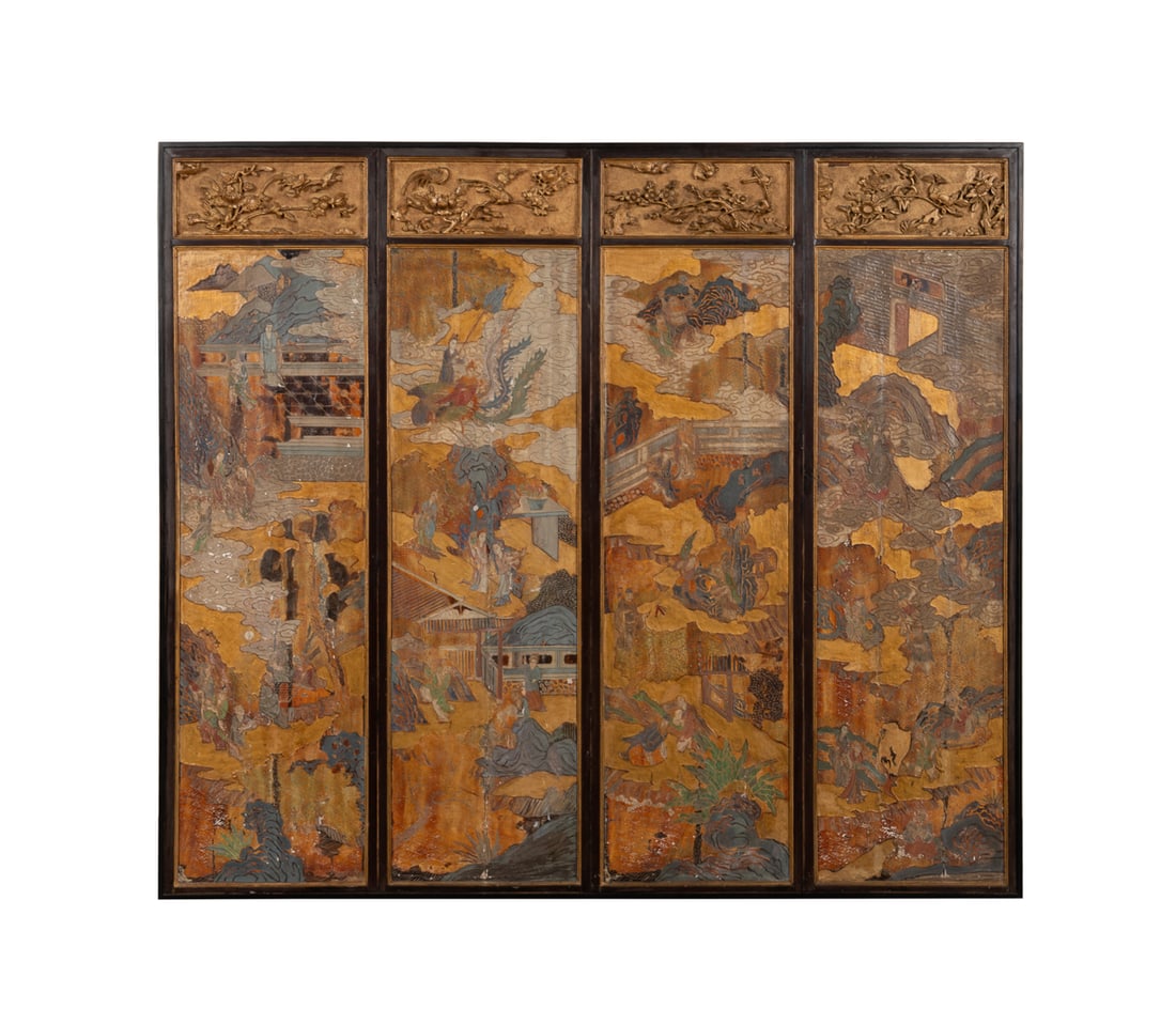 Four Panel 19th C. Chinese Coromandel Screen: Four Panel Traditional Coromandel Screen 19th Century, Chinese With layers of colored lacquer and carved to form elaborate scenes of court life within exotic walled gardens, pagodas, pavilions and fig