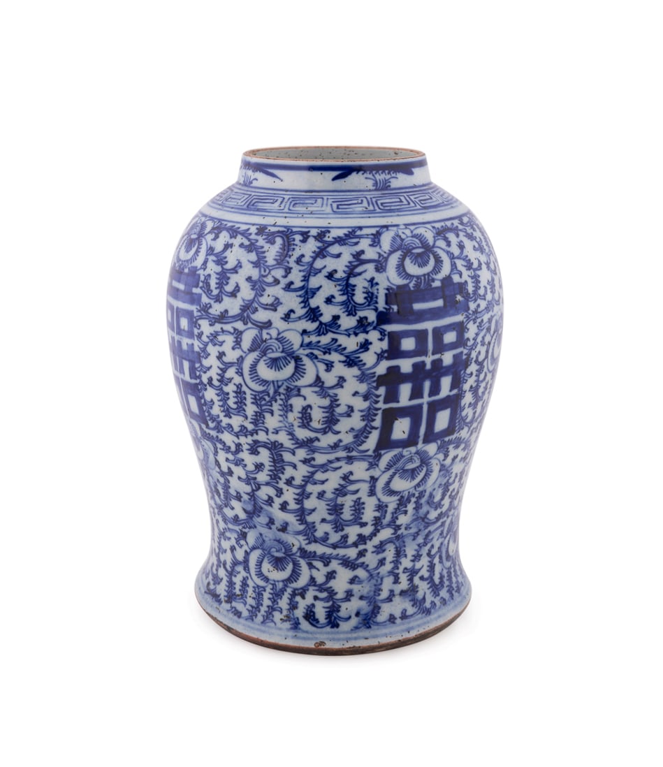 Chinese Blue & White Double Happiness Temple Jar: Blue & White Double Happiness Temple Jar Chinese Having scrolling lotus decoration. Apparently unmarked. 14 1/8 x 10 1/2 x 10 1/2 in. (35.9 x 26.7 x 26.7 cm.) Provenance: The Estate of Sanford &