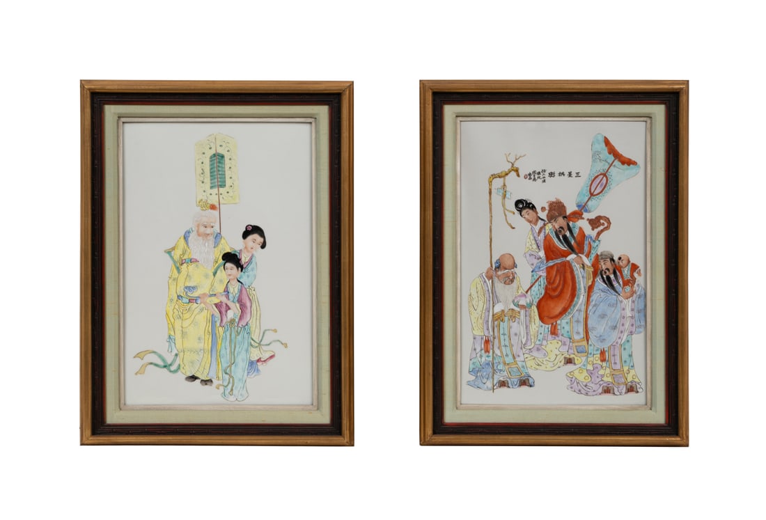 Pair of Chinese Famille Rose Figural Plaques: Pair of Famille Rose Daoist Deities Porcelain Plaques Chinese Comprising, a porcelain panel / plaque with five figures, including the Fu Lu Shou, the three star gods of fortune, longevity, and