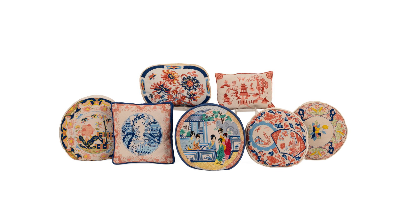 Seven Chinoiserie Needlepoint Accent Pillows: Seven Chinoiserie Needlepoint Accent Pillows Second Half 20th century, American or English Comprising three circular pillows, one square pillow, one oblong pillow, and one rectangular pillow.