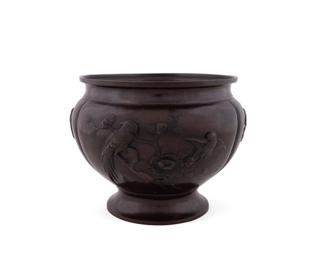 Japanese Patinated Bronze Lobed Bird Jardiniere: Patinated Bronze Lobed Bird Jardiniere Japanese Decorated with assorted birds in relief, one side with waterbirds including a crane, and one side with birds on a flowering branch, interspersed with dr