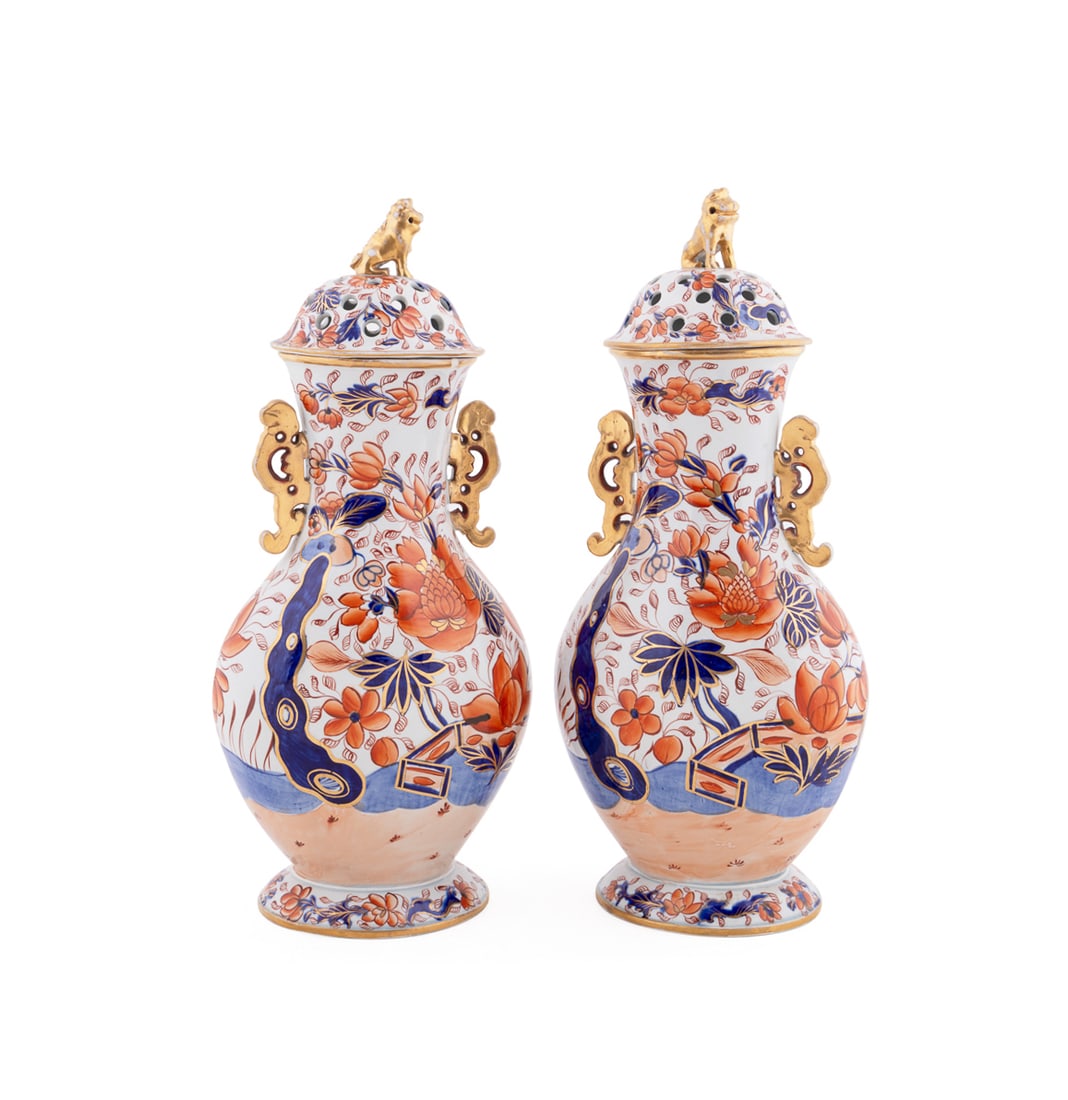 Mason, Pair of Imari Potpourri Urns, C. 1813: Pair of Imari Lidded Potpourri Urns Mason (English, circa 1800-circa 1854), circa 1813. Each having a pierced lid with Buddhist Guardian Lion, and double handles. Impressed marks to the underside. 17 