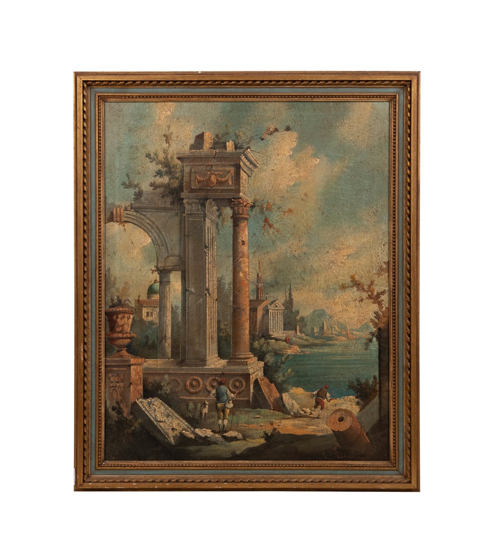 Italian School Capriccio, 19th/20th C., O/C: Untitled (Capriccio) Oil on canvas Italian school, 19th/20th century. Landscape capriccio (architectural fantasy) scene with figures, signed to LR, possibly "Failla". Framed. Canvas: 39 x 31 in. (99.1