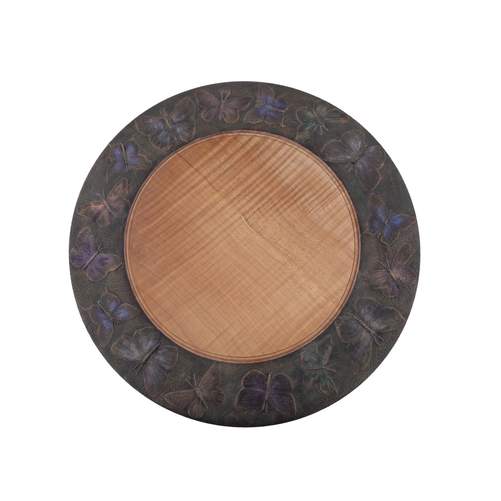 Jim Christiansen, Wood & Iridescent Butterfly Motif Charger: Jim Christiansen American (Idaho), 20th Century Wood & Iridescent Butterfly Motif Charger Figured maple, acrylic paint Etched signature and 6747 to back edge. 2 3/4 x 18 3/4 x 18 3/4 in. (7 x 47.6 x