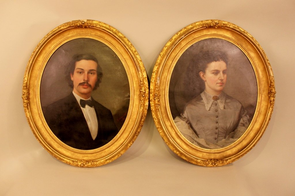 Pair of Late 19th C. American Oval Portraits: Each oil on canvas by Silas Jerome Uhl (American 1842-1916). The male portrait signed "S. Jerome, UHL, 1872" lower right, bust portraits of a gentleman and lady, in period gold leaf frames - 34 1/2"H 