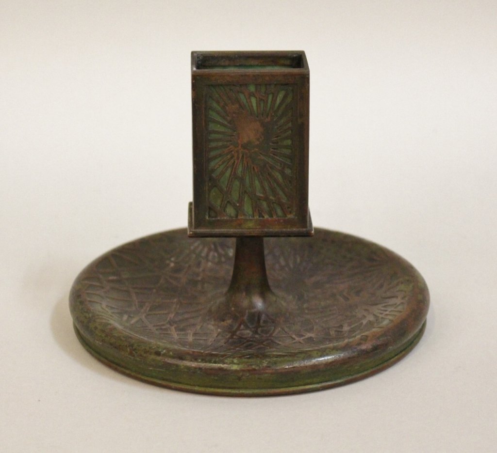 Tiffany Studios Pine Needle Ashtray/Matchbox Holder: signed Tiffany Studios/New York, #956, matchbox holder has inset green slag glass, brown leather pad base - 4"H x 5 1/4" in diameter