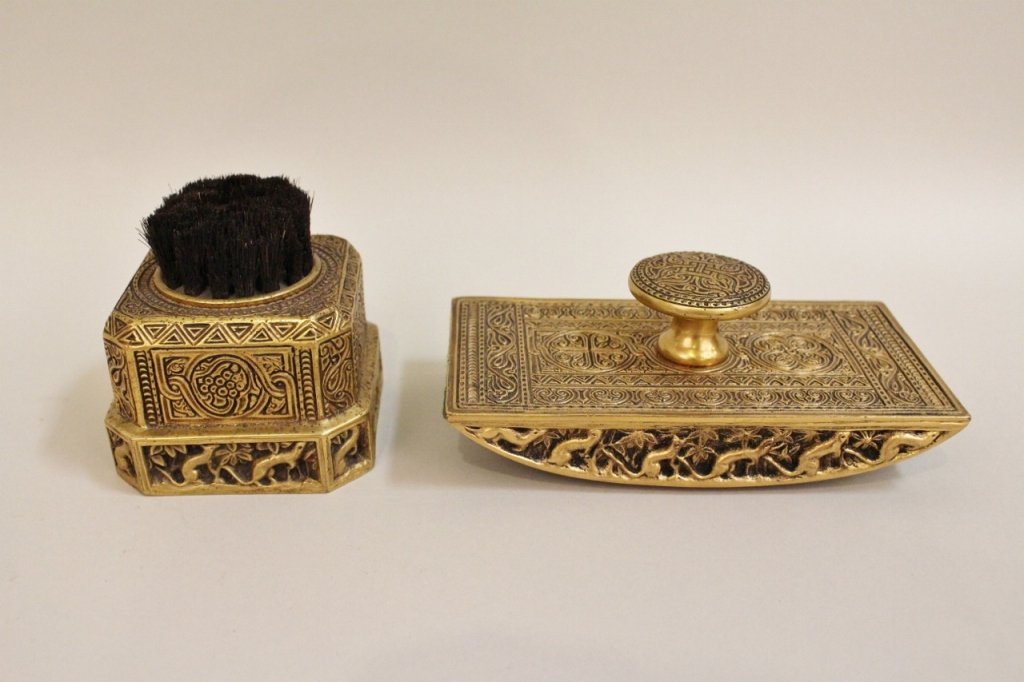 Gilt Bronze Pen Wipe and Blotter: signed Tiffany Studios/New York, "Venetian" pattern, Pen Wipe, # 1636: 3"H x 2 3/4" square; Blotter: 5 1/2"Long