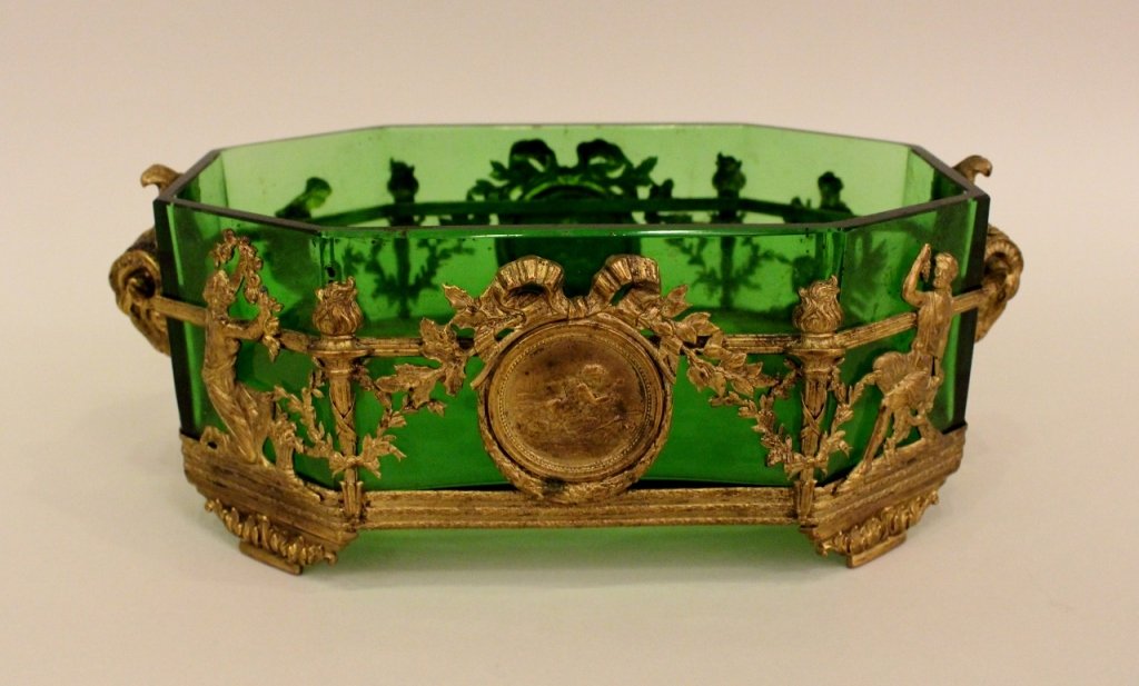 Ormolu and Crystal Centerpiece in Green: 4 1/2"H x 11 1/2"W x 5 3/4"D Provenance: Dorothy Gay Poole Estate