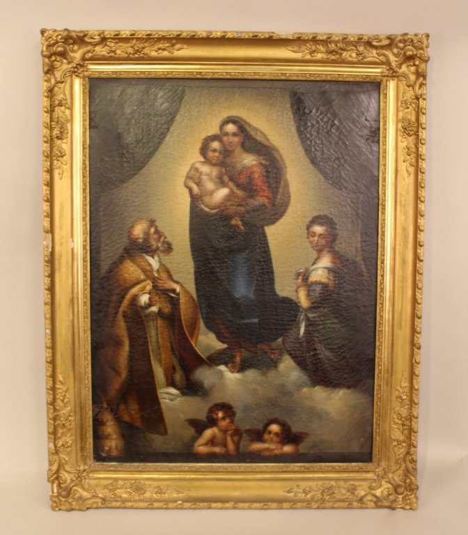 Oil on Canvas After Raphael's Sistine Madonna: 43 1/2"H x 34"W x 2 1/2"D overall Provenance: St. John Estate
