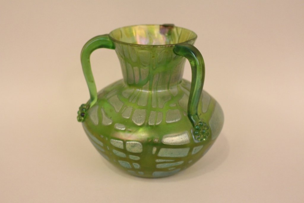 Loetz Creta Pampas vase: Irridescent green with three applied handles. 5 1/4"H x 5"W