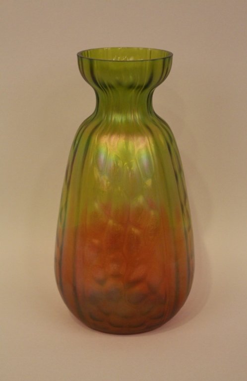 Loetz Style Art Glass Vase in Green and Orange: 10 1/2"H x 5 1/4" in diameter