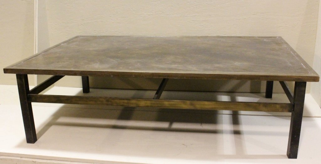Signed Philip and Kelvin Laverne Table: rare undecorated model, rectangular with molded edge, on six square legs joined by stretchers, patinated finish with random spatter design - 16"H x 54"W x 36"D