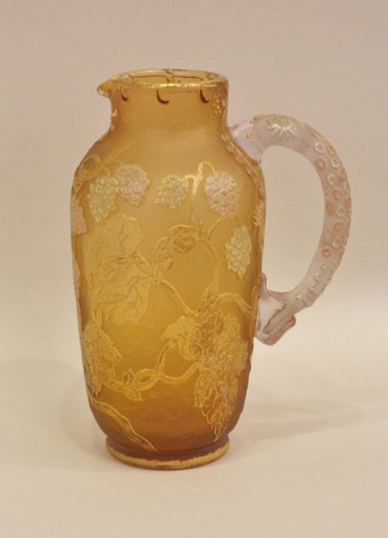 Daum Nancy Cameo Glass Pitcher: with applied handle 9 3/4"H Overall good condition