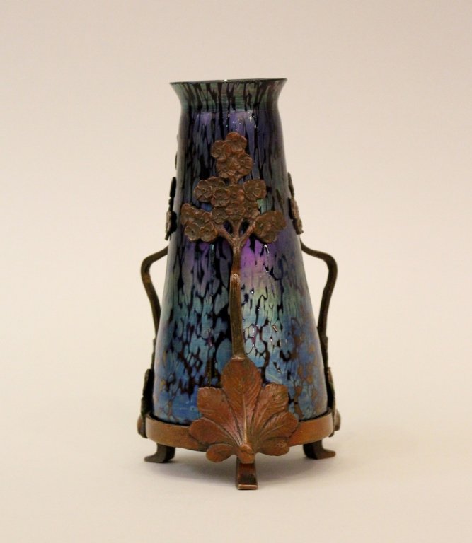 Art Nouveau Loetz Vase: Bronze mounted. 6 3/4"H x 4"W at base x 2" in diameter at top. Provenance: A Fine Atlanta Estate