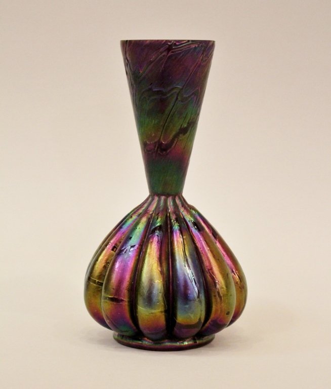 Loetz Vase: 9 1/2"H x 3" in diameter at top. Minor chips to rim. Provenance: A Fine Atlanta Estate