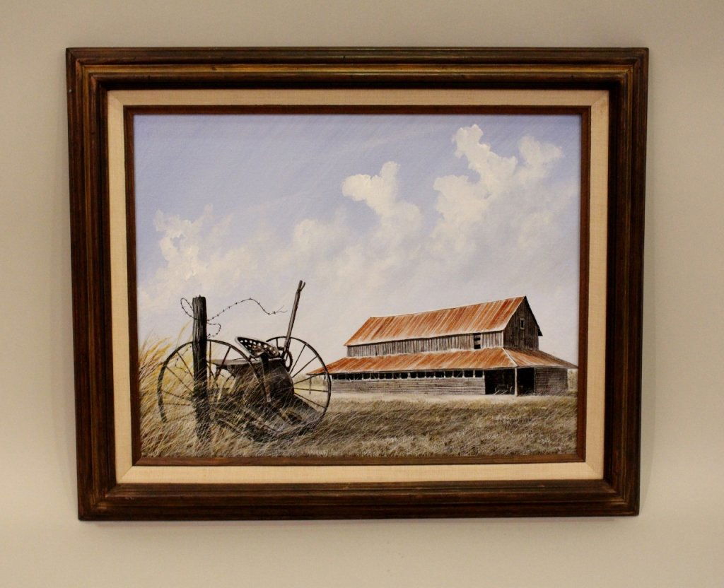 20th C. American Country Oil on Canvas Painting-Signed: Billy Morgan (American b. 1949- ). Of a farming equipment and a large stable. Signed and dated lower right "Billy Morgan '79". Titled on verso "Plowshare Stables". Morgan was born in Georgia and often