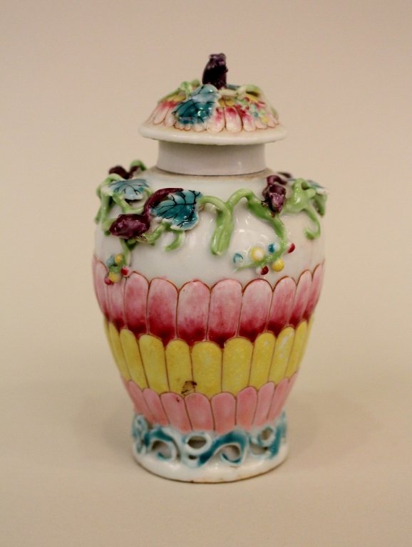 E. 19th Century Lidded Porcelain Tea Caddy: Circa 1800, with grapes and squirrel decoration - 4"H. Provenance: Dorothy Gay Poole Estate, Atlanta, Georgia.