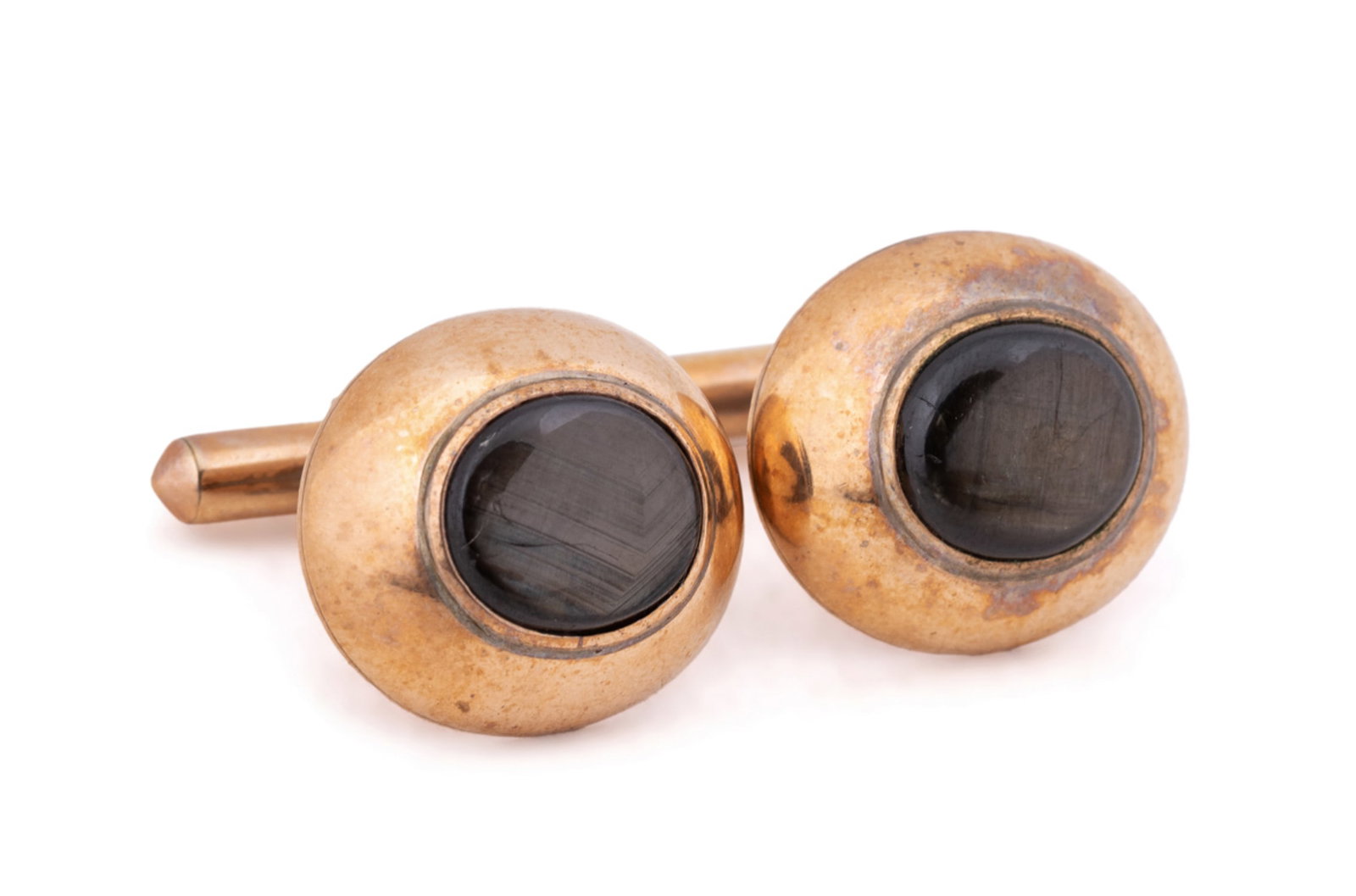 Vintage Hematite Dome 14K Rose Gold Cufflinks: Pair of men's vintage hematite dome cufflinks in 14k rose gold. Marked "14k" to back of dome. Approximate dimensions: h. 0.75" w. 0.625", d. 0.75"; total weight 13.14 grams. Provenance: Private Collec