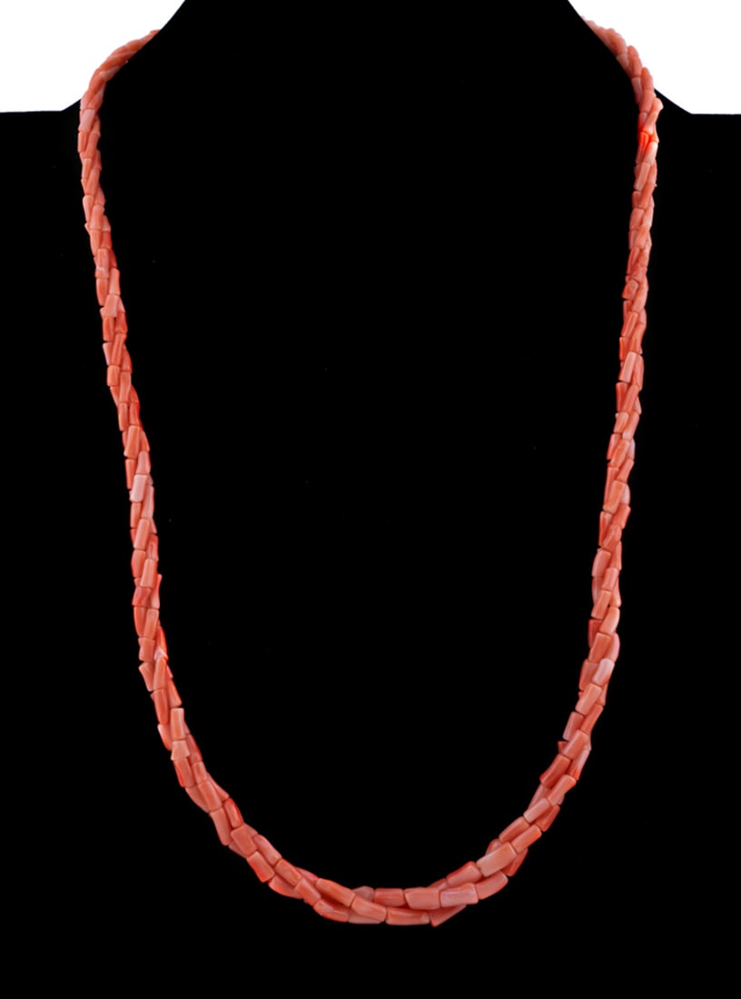 Coral Bead Torsade Necklace w/ Mikimoto Clasp: Having a Mikimoto 14k yellow gold and pearl clasp. Stamped maker's mark and 14k to back of clasp. Approximate dimensions: Necklace: l. 24 in. Provenance: Private Collection, Sugar Grove, VA.