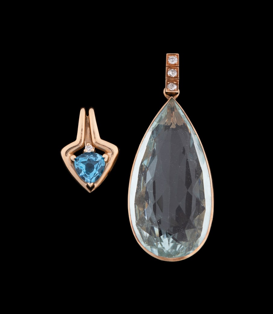 Two 14K YG, Blue Gemstone and Diamond Pendants (1 of 6)