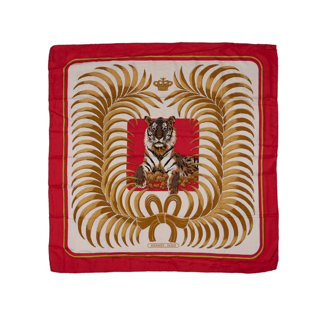C. Vauzelles for Hermes, "Tigre Royal" Scarf: Christiane Vauzelles (French, active at Hermes 1950s-1990s) for Hermes (French, founded 1837). Red and cream silk tiger scarf, originally designed 1977. With auction label, appropriately marked. Appro