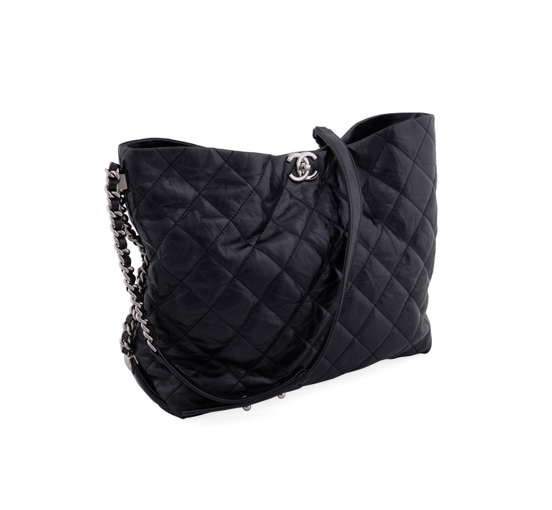 Chanel "Big Bang" Black Quilted Leather Hobo Bag: Chanel (French, founded 1910), 2017 -2018. With silver toned hardware, chain and leather single strap that extends down side seams, CC turn lock closure to top; interior with canvas lining, one zip po