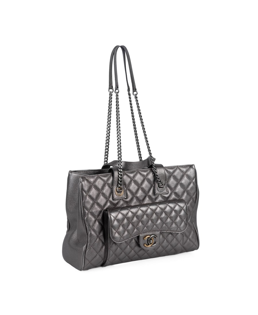 Chanel Metallic Quilted Leather Casual Pocket Bag: Chanel (French, founded 1910), 2017. With two toned silver and gold hardware, 2Way top handles and shoulder straps made of chain and leather, large front flap pocket with CC logo turn lock, curved bac