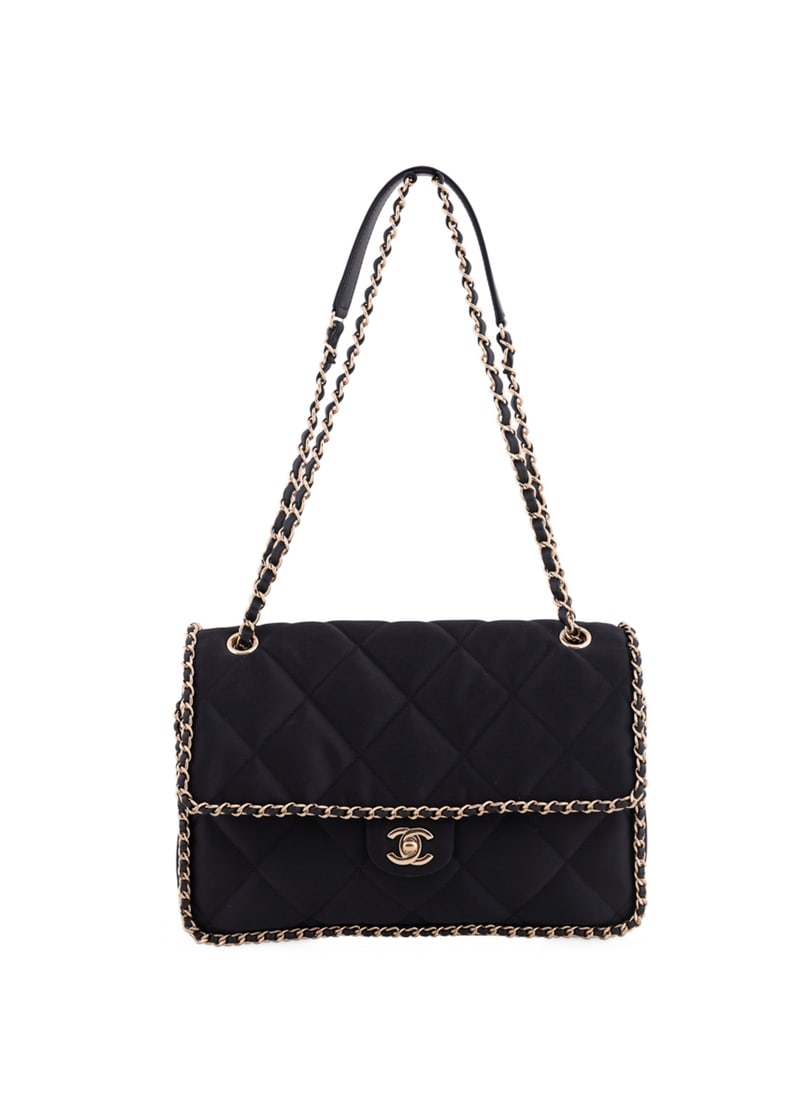 Chanel Satin Quilted Chain All Over Flap Bag: Chanel (French, founded 1910), 2019. With large front flap, champagne gold toned hardware, chain and leather trim, CC logo turn lock, chain and leather adjustable strap, interior satin quilted