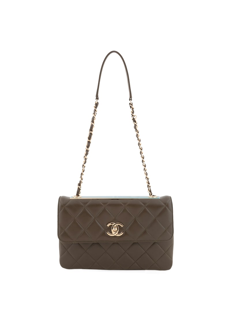 Chanel, Dark Khaki Quilted Lambskin Flap Bag: Chanel (French, founded 1910), 2017. With large front flap, gold toned hardware, a CC logo turn lock, a chain and leather strap, an external back pocket, two interior compartments with burgundy leathe