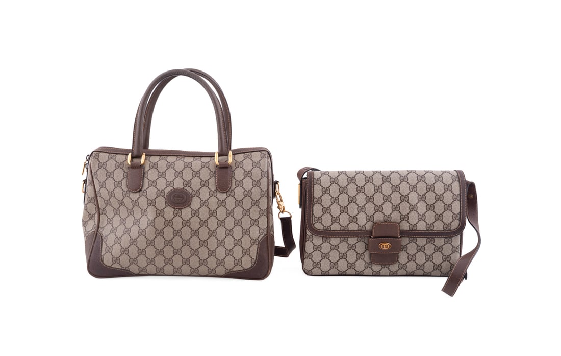 Two Vintage Gucci Brown Monogram Canvas Bags: Gucci (Italian, founded 1921). Group of two vintage bags comprising one Accessory Collection shoulder bag with front flap, brown oval and gold tone GG logo plaque to front, adjustable leather strap, t
