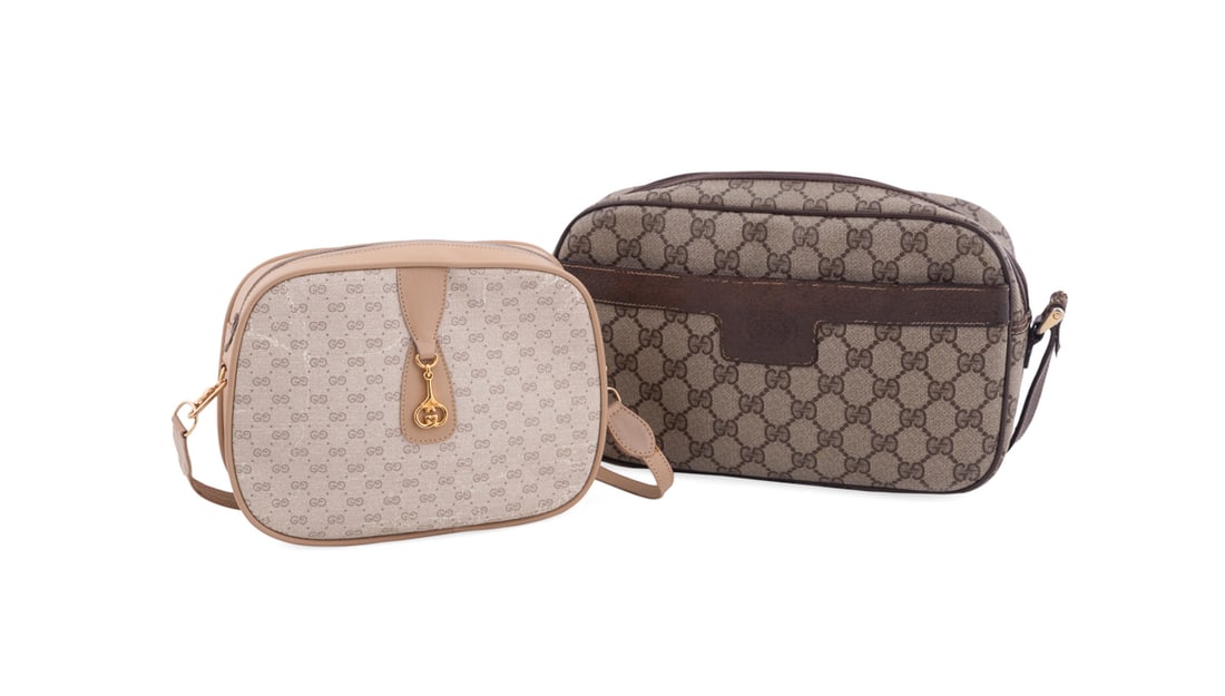 Two Vintage Gucci Monogram Canvas Handbags: Gucci (Italian, founded 1921). One crossbody bag with coated GG canvas, brown leather trims and adjustable long strap, front pocket with button closure, zip top closure, leather lined interior, interi