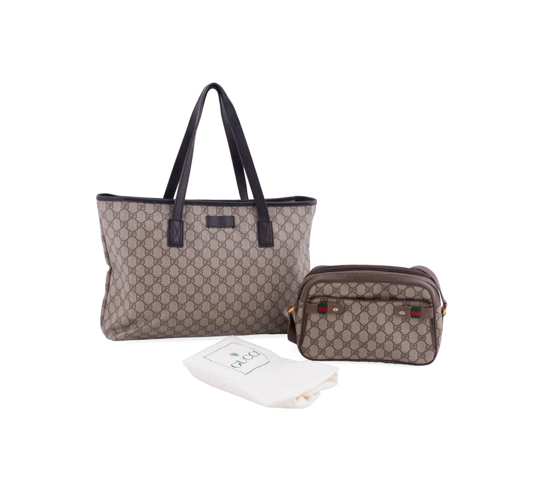 Two Gucci GG Supreme Monogram Canvas Bags: Gucci (Italian, founded 1921). One vintage Accessory Collection crossbody bag with two Web Stripe accents to front, leather trims and adjustable strap, front pocket, two large zip top compartments, on