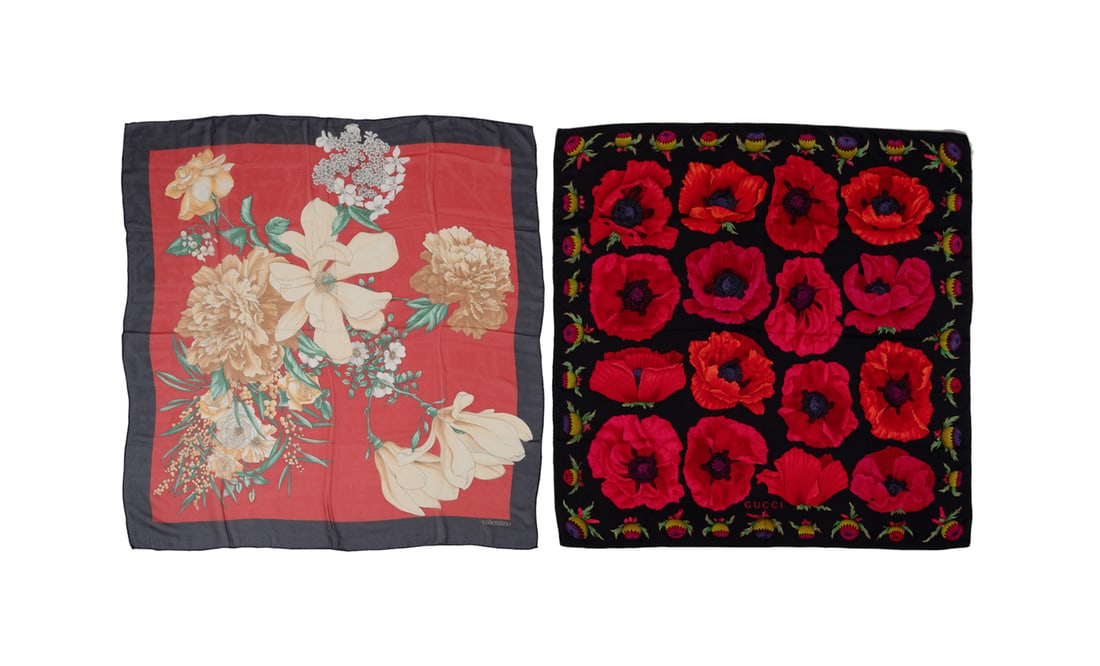 Gucci and Valentino, Two Floral Silk Scarves: Gucci (Italian, founded 1921) and Valentino (Italian, founded 1960). Two vintage floral silk scarves, one with poppies and poppy pods, the other with magnolia blossoms, peonies, and roses, both