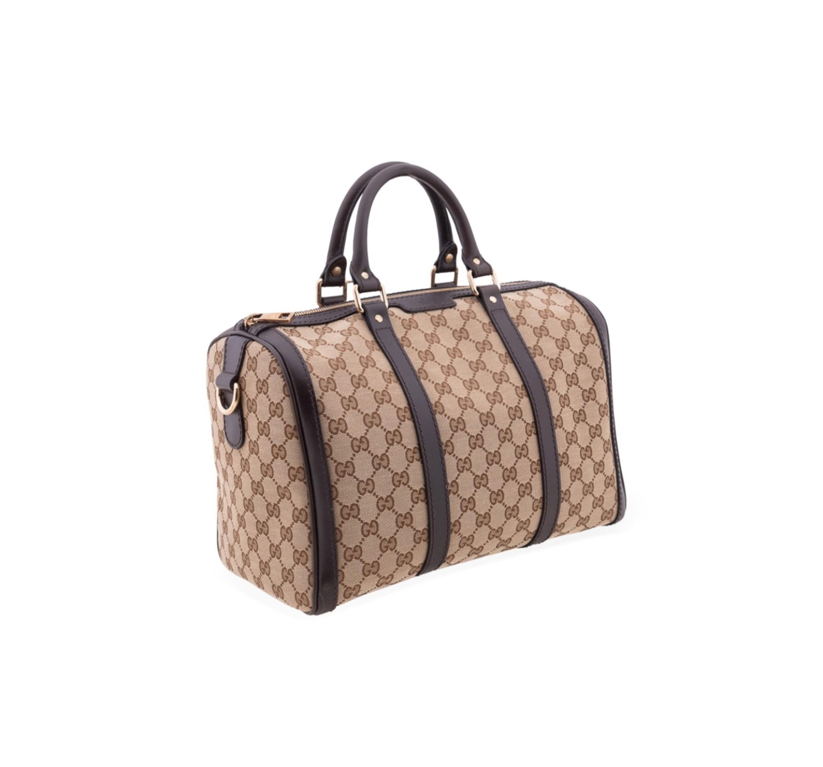Gucci GG Supreme Monogram Canvas Joy Boston Bag: Gucci (Italian, founded 1921). Boston bag with GG monogram canvas exterior, dark brown leather trims and two top handles, detachable leather adjustable crossbody strap, gold toned hardware, zip top cl