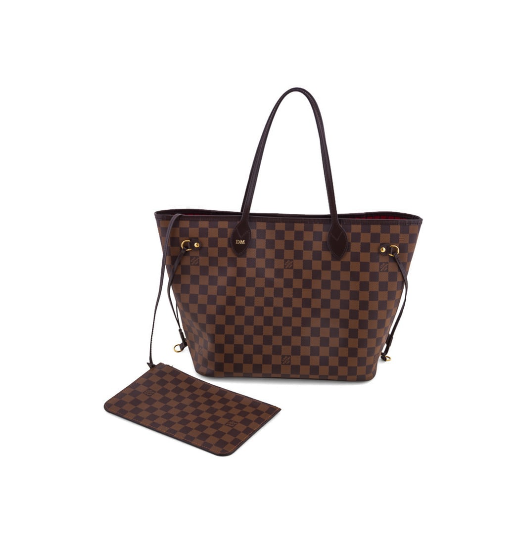Louis Vuitton, Damier Ebene Neverfull Bag, 2018: Louis Vuitton (French, founded 1854), 2018. Damier Ebene Neverfull MM in dark brown and ebony checkered coated canvas, with red striped interior, an inner zippered pocket, and an attached matching clu
