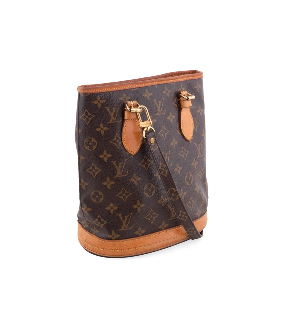 Louis Vuitton, Vtg. Petit Bucket Bag: Louis Vuitton (French, founded 1854), 2002. Vintage monogram canvas "Petit Bucket" bag with leather trims and detailing, gold toned brass hardware, and two internal sidewall pockets, date code of "SD1