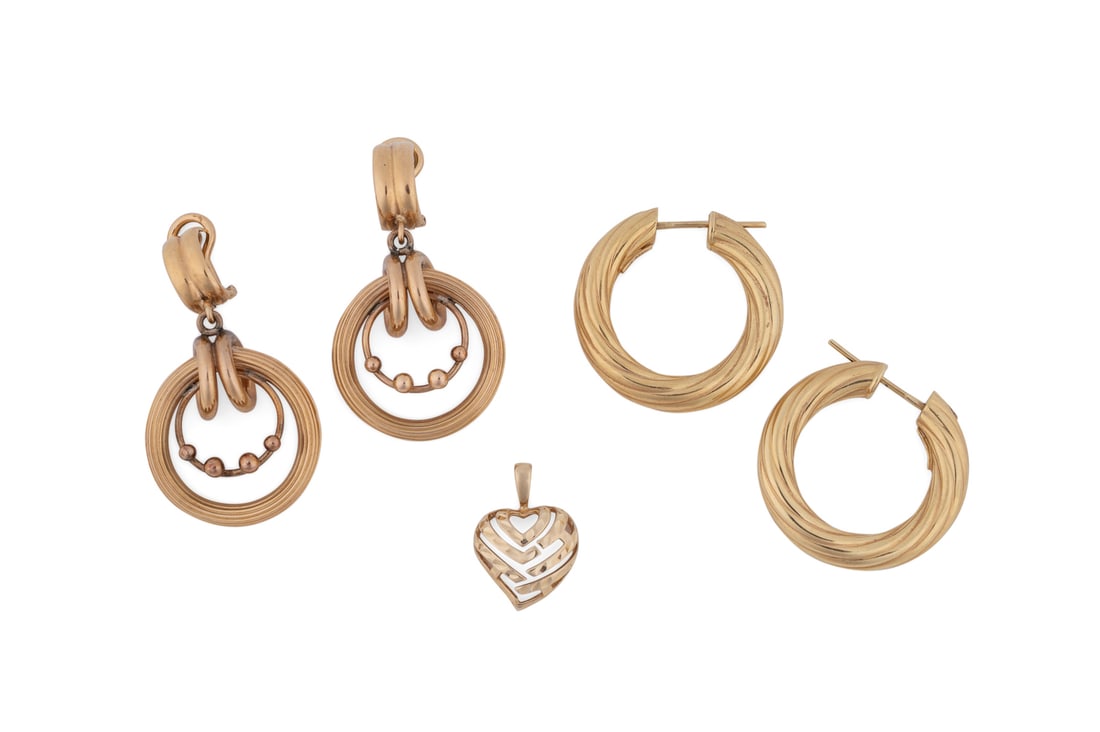Group of Yellow Gold Earrings and Pendant: Including one pair of 18K yellow gold hollow rigged hoop earrings, one pair of 18K yellow gold dangle earrings designed as a concentric circular drop featuring a multi-ring outer border surrounding an