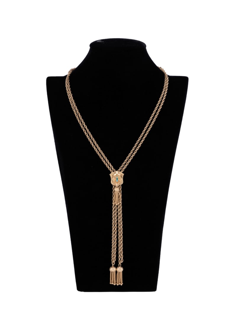 Antique 14K YG Rope Chain w/ Shield Form Slider: With turquoise cabochon accented shield form slider and tassel adorned ends. Hallmarked clasp, slider stamped 14k and "AT" to back. Approximate dimensions: Chain l. 31 in total weight 56.88 grams. Pro
