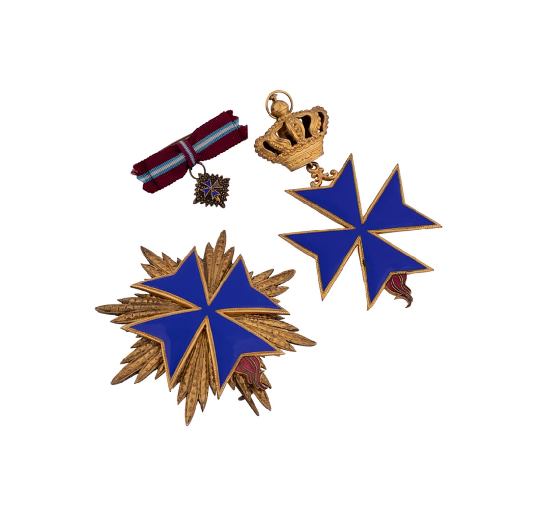 Order of St. Bridget of Sweden, Group of 3 Pins: Comprising a breast star with blue enamel and a red enamel flame, a sash badge, and a small ribbon pin, gilt and enamel, breast star marked 800 to reverse and tested as gold plated 800 silver, sash ba