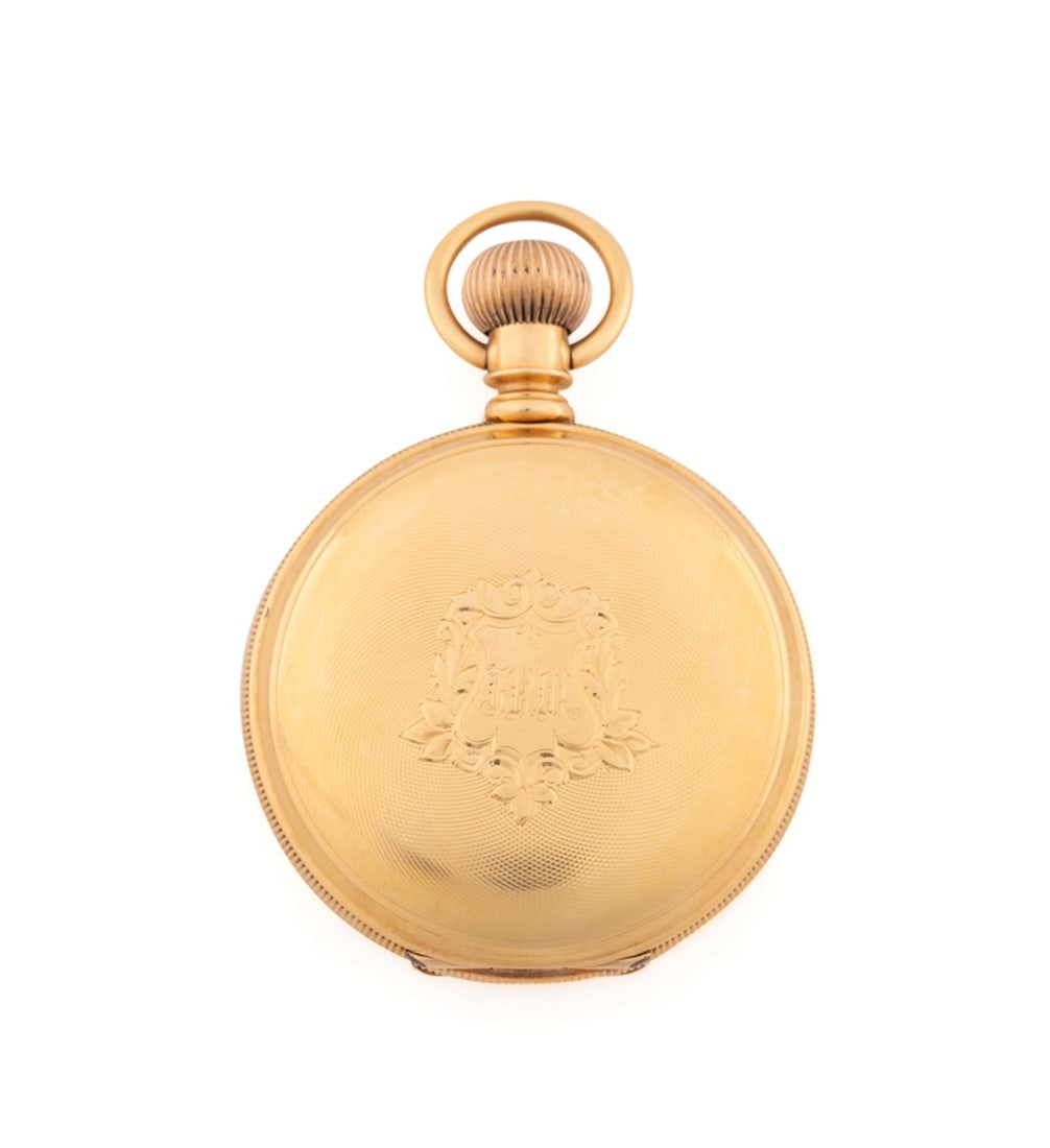 Elgin 18K Gold Hunter Case Pocket Watch, C. 1897: Circa 1897, having 17-jewel damascened movement equipped with a safety pinion, white dial with black Arabic numerals, seconds subdial, and shield engraved cover with monogram. 6810601), Back cover