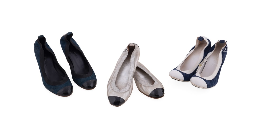 Chanel, Three Pairs of Elastic Designer Shoes: Chanel (French, founded 1910). Comprising a pair of blue denim and black patent leather pumps, a pair of navy blue suede and white leather pumps, and a pair of metallic silver and black patent leather